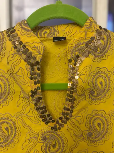 Unbranded Women's XL Yellow Paisley Casual Relaxed Fit Ethnic Kurti Top Blouse