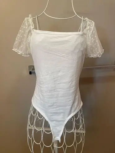 NWT Bodysuit with Sheer Polka Dot Puff Short Sleeves White