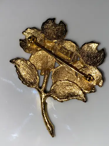 Kenneth Cole Goldtone Metal Dogwood Brooch Peach Green Gold Enamel Floral