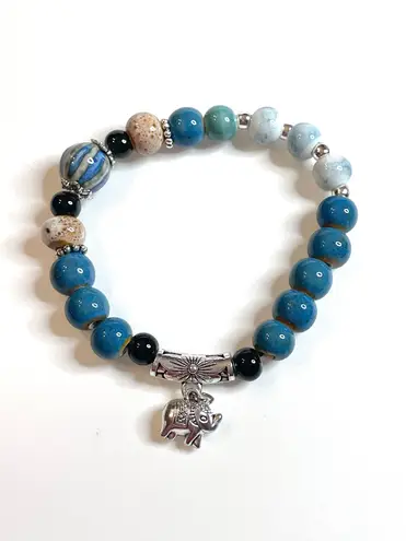 Elephant Bracelet Blue Silver Black Boho Ceramic Elastic Stretchy