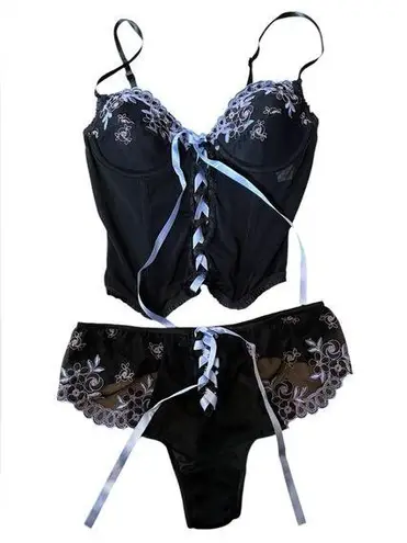 Susan Lucci Y2K Black Blue Whimsygoth Witchy Lace Sheer Lingerie Corset Bustier