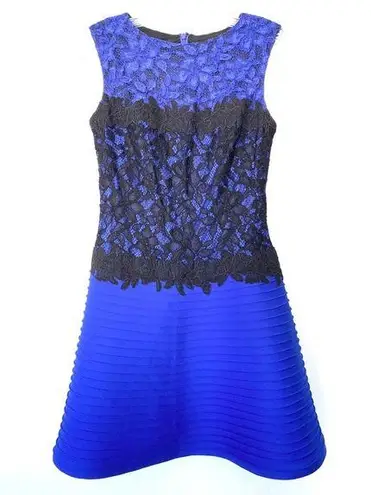 Tadashi Shoji dress pintuck neoprene lace black blue fit and flare sleeveless