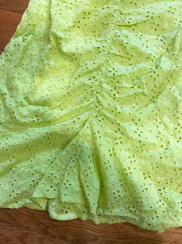 Milk and Honey ruched lime green Eyelet Off The Shoulder Boho Mini Dress.S