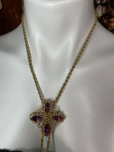 Amethyst Vintage 12K Yellow Gold Filled Boho Color Stone Slider Necklace