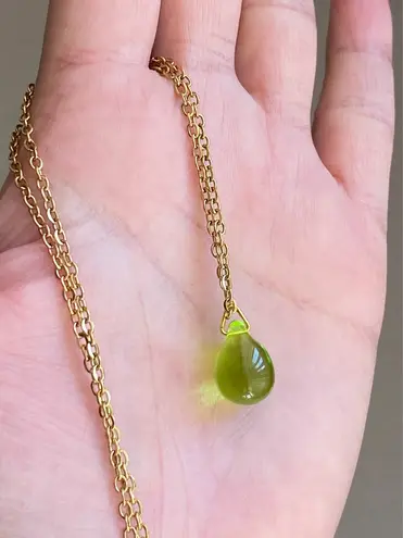 Handmade olive teardrop Czech glass simple minimalist gold chain necklace💚