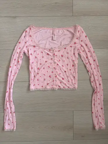 SKIMS Soft Lounge Lace Long Sleeve Button Up Shirt in Rose Print