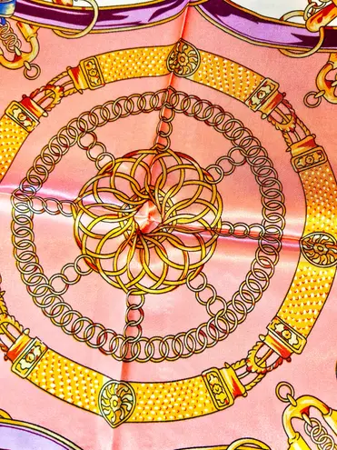 Vintage Equestrian PINK PEACH Royal Crown print oversized silky Scarf 35/35