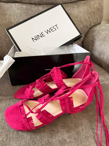 Nine West Pink Fringe Ankle Tie Up Flat Sandals