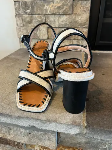 Schutz Raffia Buckle Heeled Sandals - Alita - Ivory & Black 10B