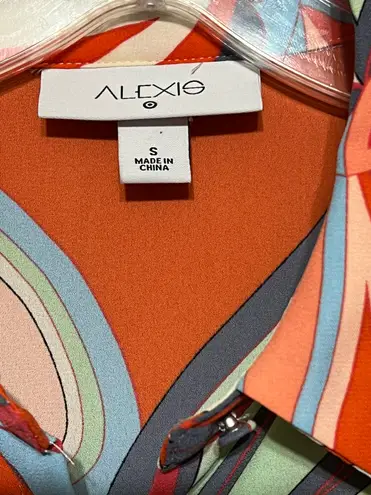 Alexis Abstract Puff Sleeve Button Front Chiffon Maxi Dress w/Waist Tie Small