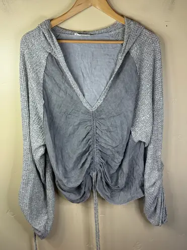 Hummingbird Womens Large Boho Distressed Relaxed Hooded Gray Lightweight Top