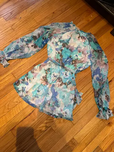 Hemant and Nandita NWOT x Revolve Teien In blue Romper colorful coquette coastal chiffon watercolor floral Print Long Sleeve Shorts