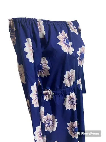 Blue Romper shorts Floral off shoulder modern woman size S