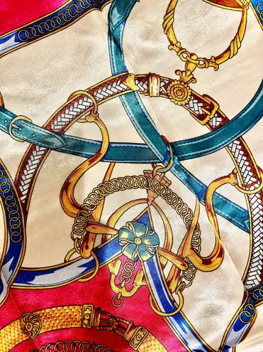 Vintage Equestrian Fuchsia Pink Royal Crown print oversized silky Scarf 35/35