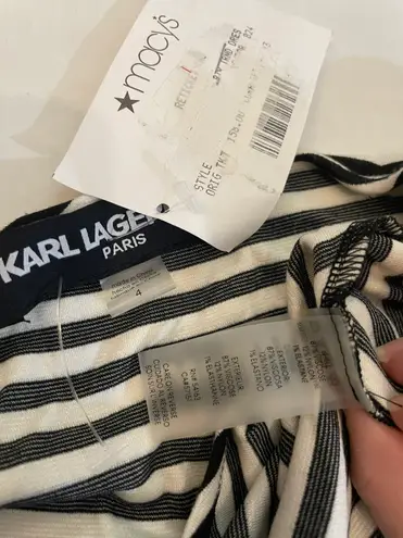 Karl Lagerfeld Paris Belted Striped Pouf Sleeve Round Neck Midi Fit Flare Dress