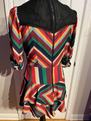 Alice + Olivia Hazeline Rainbow Chevron Stripe Mini A-Line Shirt Dress Retro Prints Colorful Silk Multicolor Colorblock Buttons Coastal Coquette - Image 9