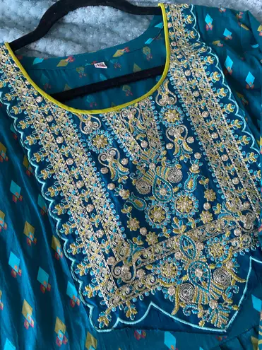 Teal Blue Embroidered & printed Anarkali Long Kurta Kurti Flare Fairy New Size XL