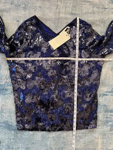 La Bellum Hilary Scott Indigo Sequin Lace Tie Neck Blouse 2x