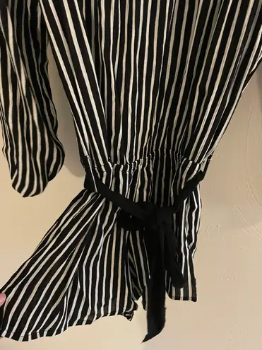 Forever 21 Black and White Striped off the Shoulder Romper