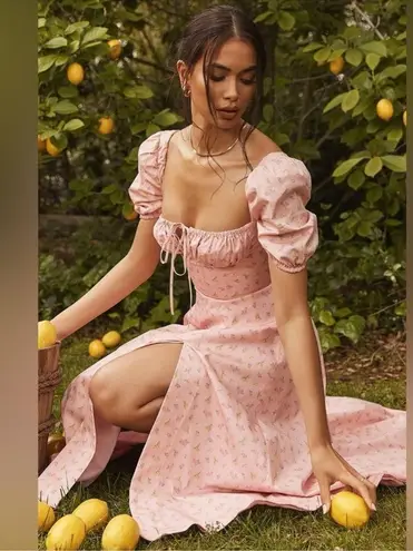 House Of CB NWOT Pink Floral Tallulah Puff sleeves midi dress sz XS