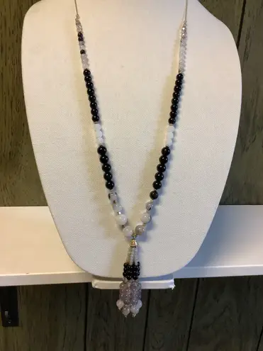 INC Black White Beaded Necklace Opera 33” Adjustable Gold Tone