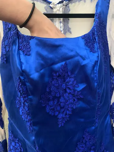 Custom Blue Transparent Embroidered Long Sleeve Chiffon Mesh Ball Gown Dress Size XL