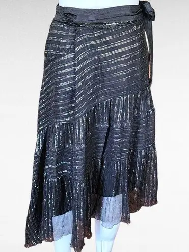 WD•NY WD.NY Black Metallic Diagonal Stripe Assymetric Hem Silk Midi Skirt Size 6