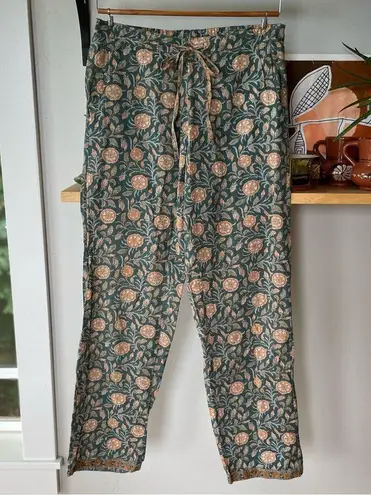 Natura Green Peach Floral Boho Print Cotton Pajama Pants Size Medium