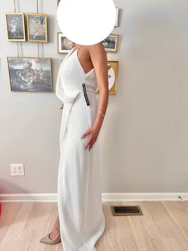 WHITE SEQUIN SLEEVELESS CHAIN CROSS WRAP V NECK DRAPE SPLIT MAXI DRESS