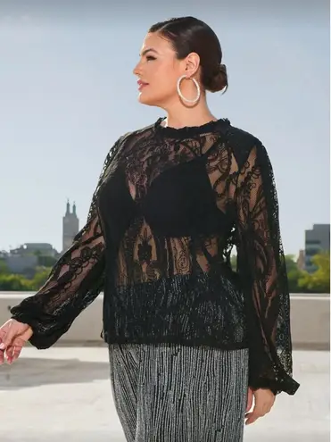 SheIn Frill trim lantern sleeve lace top