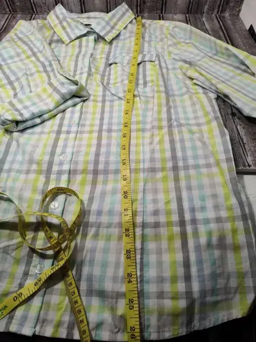 Christopher & Banks  Shirt Women's Large Blue Lime Gray White Plaid Button Up