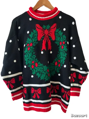 Vintage Knitwaves Christmas Sweater M/L Wreath & Bow Made in USA Multiple Size M