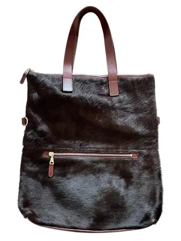 Kate Sheridan Leather Calf Hair Top Zip Large Tote Bag Burgundy Black Red