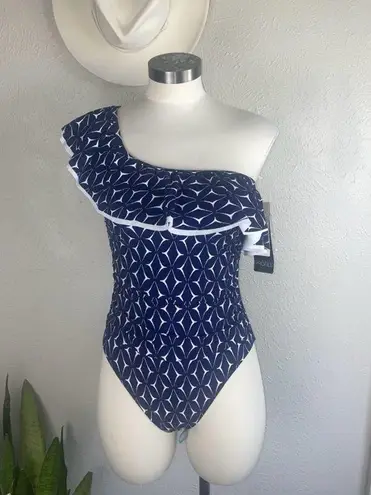 NWT Gottex Profile One Shoulder Swimsuit Size 6 Navy White Ruffle Bathin… Blue