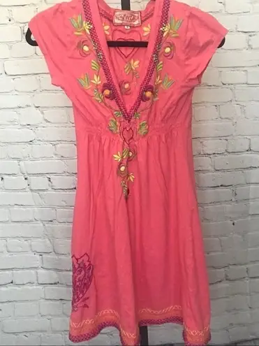 Johnny Was JWLA Floral & Heart Embroidered Casual Shirt Dress Pink Size Small