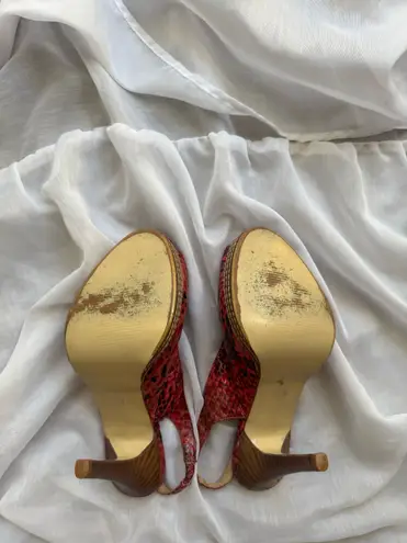 Two Lips Faux Snakeskin Peep Toe Slingback Pumps Red Size 6.5