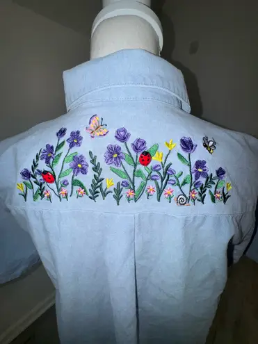 Bonworth Embroidered Shirt Women’s Blue Short Sleeve Button Down Floral Garden