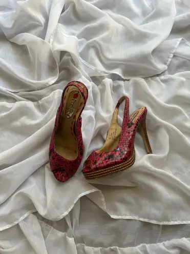 Two Lips Faux Snakeskin Peep Toe Slingback Pumps Red Size 6.5