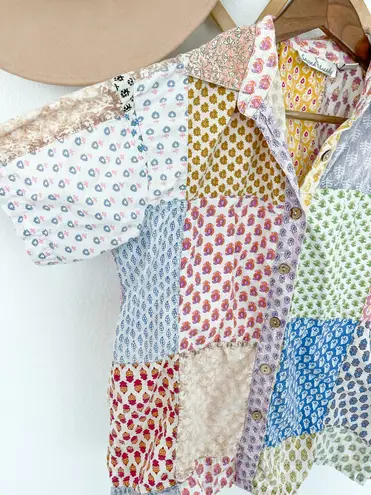 Sacred Threads Patchwork Short Sleeve Button Down Top