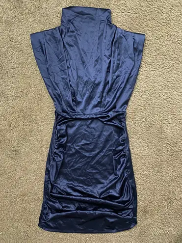 Lyaner XS Blue Satin Mock Neck Shoulder Padded Gathered Ruched Zip Up Dress