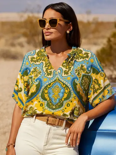 Haute Hippie Style Linen Blend Boho Paisley Patchwork Print Top Green Blue M