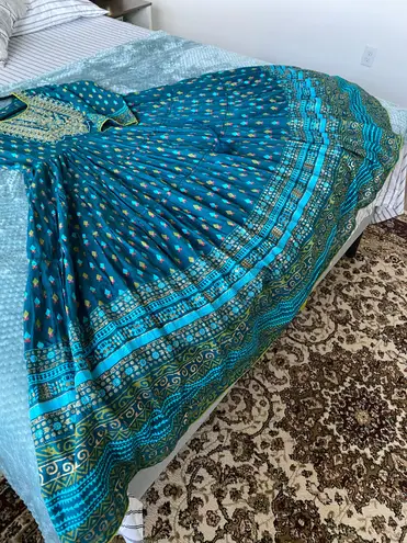 Teal Blue Embroidered & printed Anarkali Long Kurta Kurti Flare Fairy New Size XL