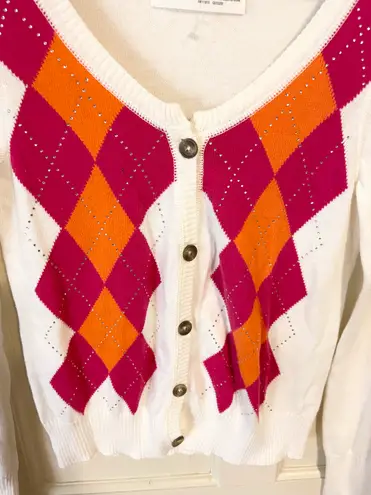 Aeropostale NWOT Y2K  rhinestone white & pink argyle cardigan women’s size medium