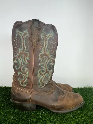 Justin Women’s Western Cowboy Boots Size 10B Brown Leather Turquoise Stitching Square Toe