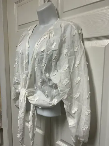 Farm Rio White Gathered Sleeved And Beaded Tassel Tie Front Top