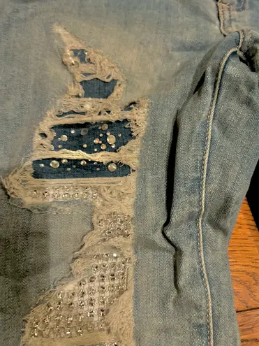 Bebe  Jeans rhinestone patches Embellishment Ripped Size 26 Denim #1496 BLUE S 26 - Image 6