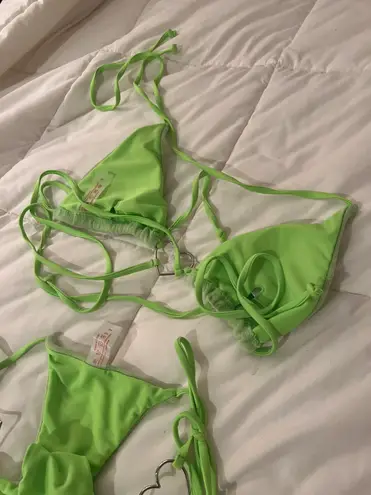 Neon Green Towel Cloth Material Silver Heart Tie String Cheeky Two Piece Bikini