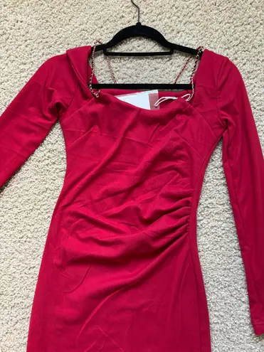 Wine Red Square Neck Midi Dress with Chain Detail, US Size S/XS, Party Slim Fit