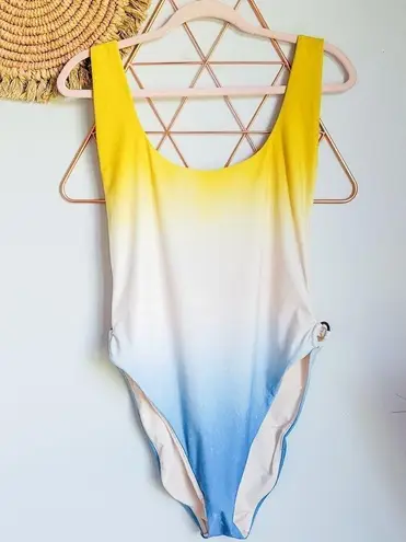 Aerie , Yellow Blue Ombre Super Scoop One Piece High Leg Swimsuit, Size XL