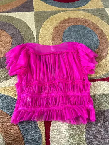 Free People Like-New  Making Me Smile Top Hot Pink Sheer Mesh Ruffle Medium